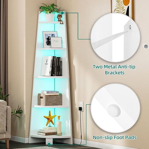 YITAHOME Corner Shelf Stand with Led Light, 70.9" Ladder Corner Bookshelf, Modern 5 Tier Corner Bookcase, Wooden Open Display Shelving Storage Rack for Bedroom, Living Room, Home Office, White in Saudi Arabia