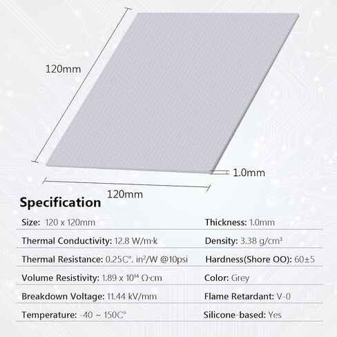 وسادة حرارية، 120x120x1.0 ملم، 12.8 واط/م.ك. وسادة مركبة حرارية، حشو فجوة التوصيل الحراري، وسادة تبريد غرفة التبريد جميع المبردات، وحدة المعالجة المركزية، وحدة معالجة الرسومات، معالج IC، طابعة ثلاثية الأبعاد، Raspberry Pi in Kuwait
