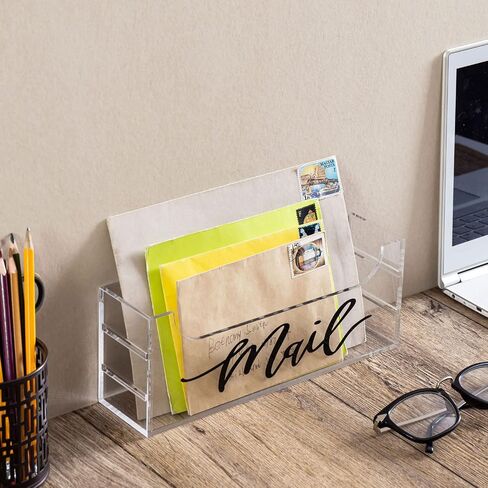 MyGift Premium Clear Acrylic Mail Holder with Decorative Black Cursive Mail Label, Modern Wall Mounted or Tabletop Mailbox, Letter Storage Organizer Box in Saudi Arabia