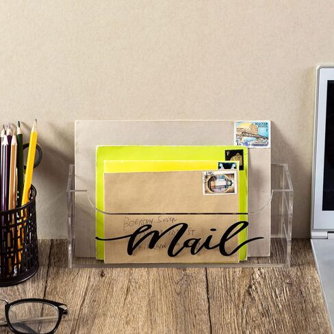 MyGift Premium Clear Acrylic Mail Holder with Decorative Black Cursive Mail Label, Modern Wall Mounted or Tabletop Mailbox, Letter Storage Organizer Box in Saudi Arabia