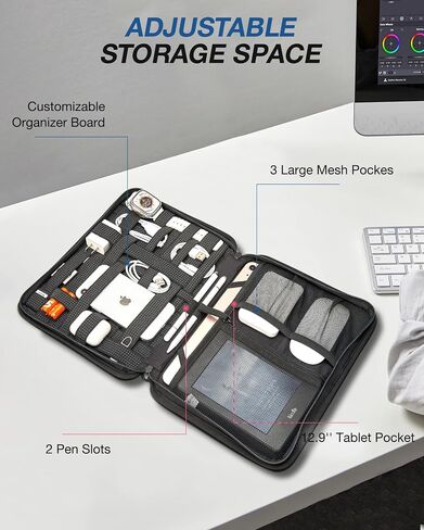 BAGSMART Electronics Organizer Case,Travel Cable Organizer Bag,Adjustable Cord Organizer Storage Bag for 12.9'' Tablet,Peak Design Tech Pouch for Charging Cable,iPad Pro,Phone,Power Bank,Black in Saudi Arabia