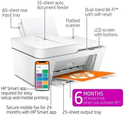 طابعة HP DeskJet 4152e اللاسلكية النافثة للحبر الملونة الكل في واحد، مسح ضوئي للطباعة، جاهز للحبر الفوري، وحدة تغذية المستندات التلقائية سعة 35 ورقة، اتصال WiFi USB، أبيض، مع كابل طابعة Valinor in Kuwait