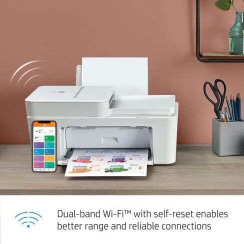 طابعة HP DeskJet 4152e اللاسلكية النافثة للحبر الملونة الكل في واحد، مسح ضوئي للطباعة، جاهز للحبر الفوري، وحدة تغذية المستندات التلقائية سعة 35 ورقة، اتصال WiFi USB، أبيض، مع كابل طابعة Valinor in Kuwait