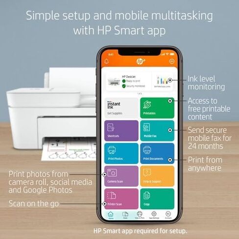 طابعة HP DeskJet 4152e اللاسلكية النافثة للحبر الملونة الكل في واحد، مسح ضوئي للطباعة، جاهز للحبر الفوري، وحدة تغذية المستندات التلقائية سعة 35 ورقة، اتصال WiFi USB، أبيض، مع كابل طابعة Valinor in Kuwait