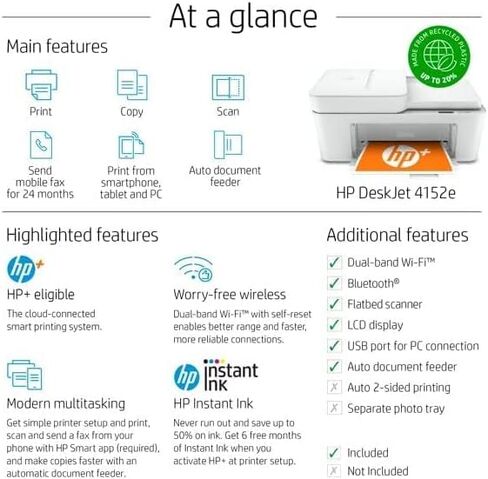 طابعة HP DeskJet 4152e اللاسلكية النافثة للحبر الملونة الكل في واحد، مسح ضوئي للطباعة، جاهز للحبر الفوري، وحدة تغذية المستندات التلقائية سعة 35 ورقة، اتصال WiFi USB، أبيض، مع كابل طابعة Valinor in Kuwait