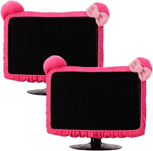 2 Pcs Kawaii Elastic Monitor Dust Cover - Cat Ear Furry Pink, Dustproof for PC, TV, Laptop (17 - 24 Inch) in Kuwait
