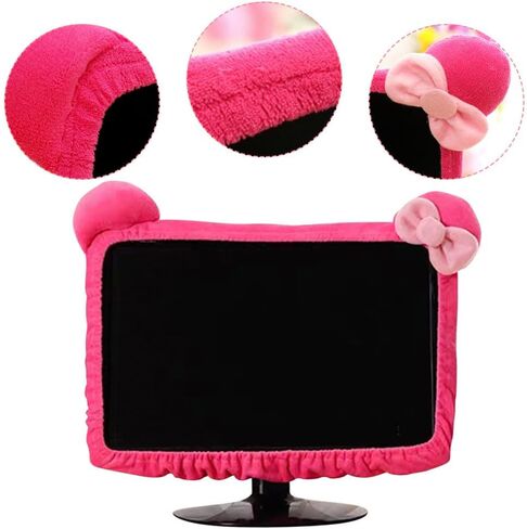 2 Pcs Kawaii Elastic Monitor Dust Cover - Cat Ear Furry Pink, Dustproof for PC, TV, Laptop (17 - 24 Inch) in Kuwait