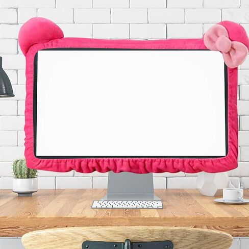 2 Pcs Kawaii Elastic Monitor Dust Cover - Cat Ear Furry Pink, Dustproof for PC, TV, Laptop (17 - 24 Inch) in Kuwait