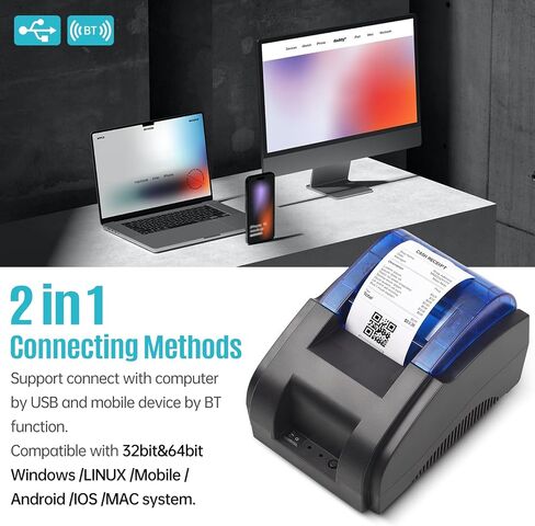 طابعة إيصالات سطح المكتب Bisofice مقاس 58 مم USB+BT 203DPI طباعة حرارية مباشرة متوافقة مع أنظمة Windows/Linux/Mac/Android/iOS طباعة عالية السرعة مع لفة واحدة من الورق الحراري مقاس 57 مم (رمادي) in Kuwait
