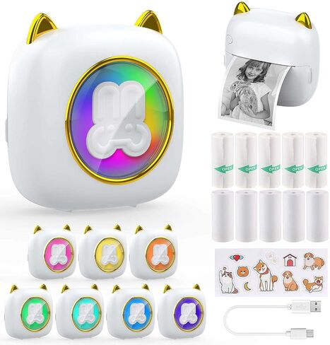 طابعة QYCHHJ صغيرة بدون حبر، طابعة جيب صغيرة بـ 7 أضواء LED مع 10 لفات من الورق الحراري لنظام iOS وAndroid، طابعة ملصقات إيصالات محمولة لصور مذكرة المجلة in Kuwait
