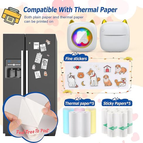 طابعة QYCHHJ صغيرة بدون حبر، طابعة جيب صغيرة بـ 7 أضواء LED مع 10 لفات من الورق الحراري لنظام iOS وAndroid، طابعة ملصقات إيصالات محمولة لصور مذكرة المجلة in Kuwait