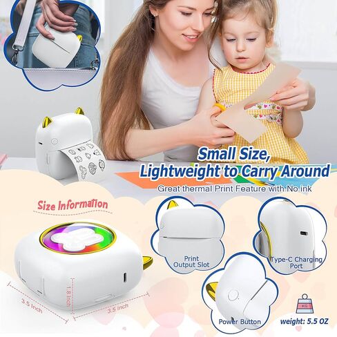 طابعة QYCHHJ صغيرة بدون حبر، طابعة جيب صغيرة بـ 7 أضواء LED مع 10 لفات من الورق الحراري لنظام iOS وAndroid، طابعة ملصقات إيصالات محمولة لصور مذكرة المجلة in Kuwait