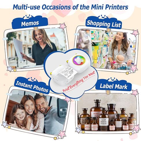 طابعة QYCHHJ صغيرة بدون حبر، طابعة جيب صغيرة بـ 7 أضواء LED مع 10 لفات من الورق الحراري لنظام iOS وAndroid، طابعة ملصقات إيصالات محمولة لصور مذكرة المجلة in Kuwait