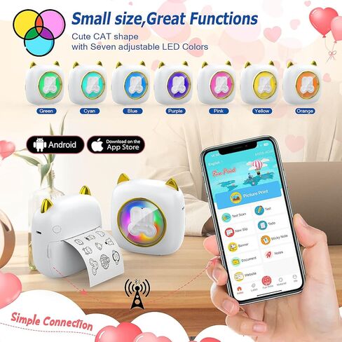 طابعة QYCHHJ صغيرة بدون حبر، طابعة جيب صغيرة بـ 7 أضواء LED مع 10 لفات من الورق الحراري لنظام iOS وAndroid، طابعة ملصقات إيصالات محمولة لصور مذكرة المجلة in Kuwait