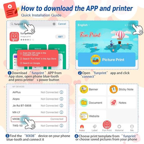 طابعة QYCHHJ صغيرة بدون حبر، طابعة جيب صغيرة بـ 7 أضواء LED مع 10 لفات من الورق الحراري لنظام iOS وAndroid، طابعة ملصقات إيصالات محمولة لصور مذكرة المجلة in Kuwait