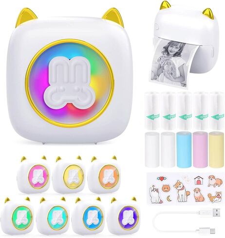 QYCHHJ Mini Pocket Printer, 7 LED Lights Inkless Mini Sticker Printer with 10 Rolls Thermal Paper, Portable Mini Phone Printer for Journal Memo Photo Study Home in Saudi Arabia