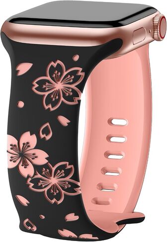 TreasureMax Designer Floral Engraved Band Compatible with Apple Watch Bands 40mm 38mm 41mm 42/45/49mm,Two-Tone Flower Soft Silicone Sport Strap for iWatch Series 9 Ultra SE 8 7 6 5 4 3 2 Girl Black in Saudi Arabia