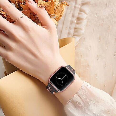 TreasureMax Designer Floral Engraved Band Compatible with Apple Watch Bands 40mm 38mm 41mm 42/45/49mm,Two-Tone Flower Soft Silicone Sport Strap for iWatch Series 9 Ultra SE 8 7 6 5 4 3 2 Girl Black in Saudi Arabia