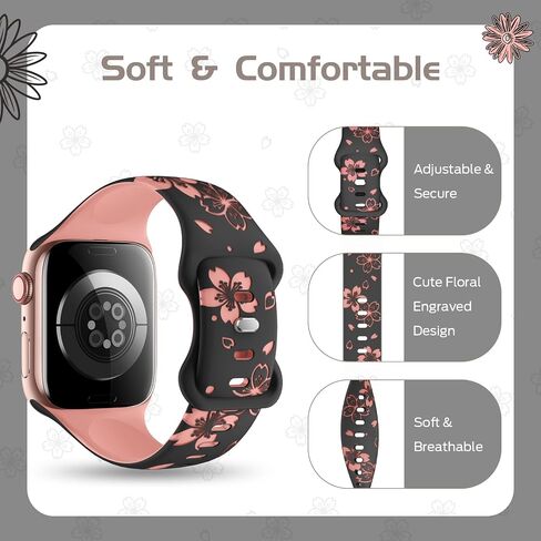 TreasureMax Designer Floral Engraved Band Compatible with Apple Watch Bands 40mm 38mm 41mm 42/45/49mm,Two-Tone Flower Soft Silicone Sport Strap for iWatch Series 9 Ultra SE 8 7 6 5 4 3 2 Girl Black in Saudi Arabia