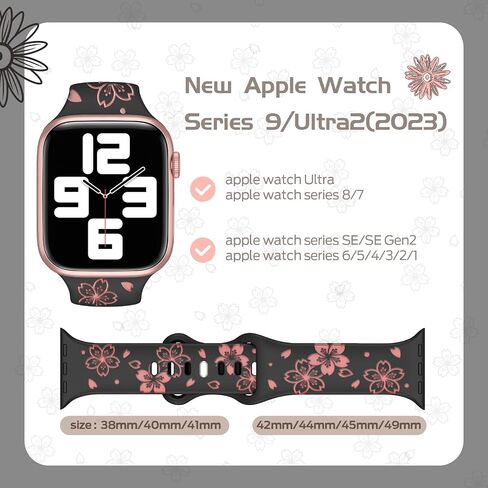 TreasureMax Designer Floral Engraved Band Compatible with Apple Watch Bands 40mm 38mm 41mm 42/45/49mm,Two-Tone Flower Soft Silicone Sport Strap for iWatch Series 9 Ultra SE 8 7 6 5 4 3 2 Girl Black in Saudi Arabia