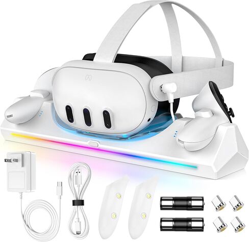 3 in 1 Charging Dock for Meta/Oculus Quest 3, 30W Fast Charging Station for Meta Quest 3 Headset Controllers and Other USB Device VR Accessories, RGB Charging Stand with Rechargeable Batteries in Kuwait