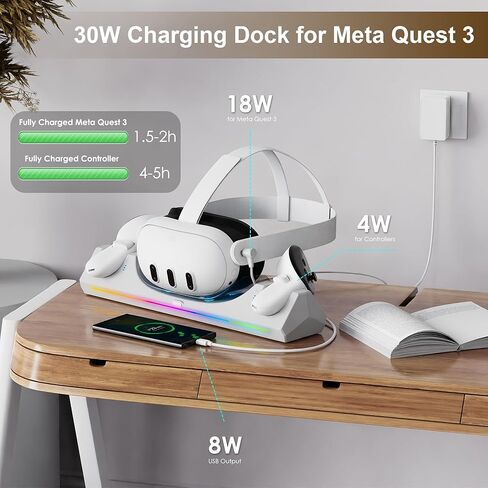 3 in 1 Charging Dock for Meta/Oculus Quest 3, 30W Fast Charging Station for Meta Quest 3 Headset Controllers and Other USB Device VR Accessories, RGB Charging Stand with Rechargeable Batteries in Kuwait