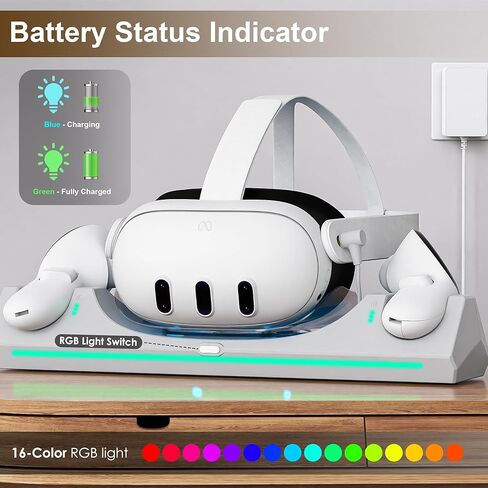 3 in 1 Charging Dock for Meta/Oculus Quest 3, 30W Fast Charging Station for Meta Quest 3 Headset Controllers and Other USB Device VR Accessories, RGB Charging Stand with Rechargeable Batteries in Kuwait