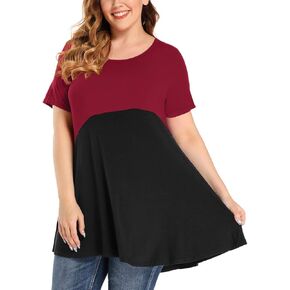 MONNURO Womens Short Sleeve Plus Size Tunic Tops Color Block Casual Loose Summer Swing Tee Shirts for Leggings
