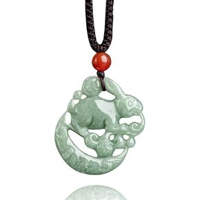 Wealth Rabbit Natural Green Jade Pendant Necklaces for Women Men, Fashion Rope Chain Amulet Hand-carved Good Luck Jewelry Choker Necklaces for Lovers Friends Gifts