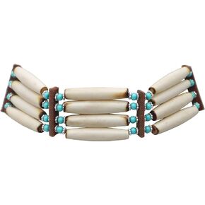 outROAR Gear Native Style Bone Choker Necklace- Four Row American Indian Inspired Regalia - Rustic Beige with Blue/Brown Accents