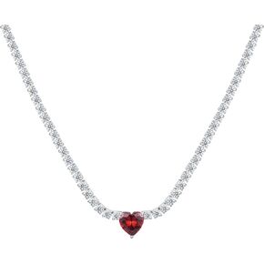 AllenCOCO Heart Birthstone Tennis Necklace for Women, Sterling Silver AAAAA+ CZ Chain Heart Crystal Pendant Necklace Dainty Silver Birthstone Choker Necklace Birthday Valentines Day Christmas Gifts