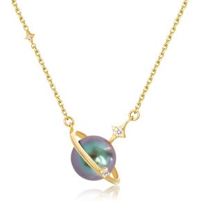 Saturn Planet Pearl Choker Necklace for Women, 18K Gold Plated 12MM Tahitian Black Pearl Pendant with CZ, 18" + 2.5" Extender