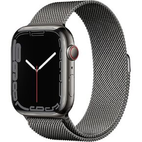 Apple Watch Series 7 GPS + Cellular، هيكل من الفولاذ المقاوم للصدأ باللون الجرافيت مقاس 45 ملم مع حلقة ميلانيزية من الجرافيت (متجددة)