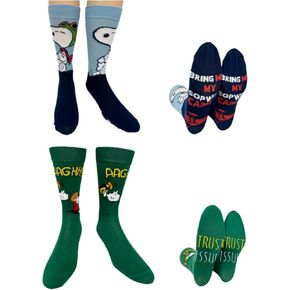 Hyp “Sock Talk" Peanuts 2 pack Men's Socks. 2 pair Flying Ace Snoopy & Charlie Brown Lucy– Bottom Sole Text: Sopwith Camel & Trust Issues Men’s Shoe Size 6-12