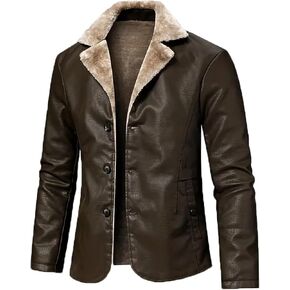 INVACHI Men's Faux Leather Fur Collar Mid-Length Jacket Padded Lining Winter Warm Lapel Trench Coat