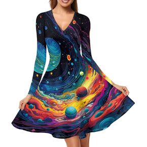 Forchrinse Galaxy Planet Space Oil Painting Womens Long Sleeve Swing Shift Dress V Neck Tunic Dress Causal Loose Work Elegant Dress Party Club Midi Dresses Plus Size