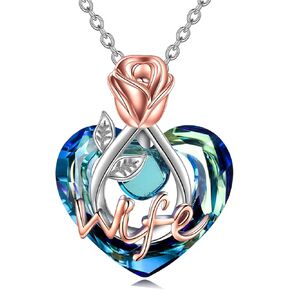 POPKIMI Rose Flower Love Heart Necklaces Gifts for Mom/Grandma Nana/Wife/Aunt/Daughter Birthday Jewelry Gifts 925 Sterling Silver Crystal Jewelry Rose Flower Love Heart Pendant Necklace for Women