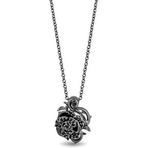 Enchanted Disney Fine Jewelry Black Rhodium over Sterling Silver 1/5 Cttw Treated Black Round Diamond Maleficent Rose Pendant Necklace, 18" Cable Chain