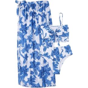 Women's 3 Piece Set Floral Print Bikini Sets with Cover Up Midi Skirts