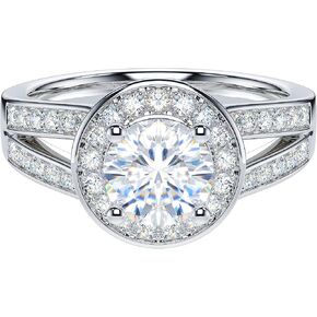 THELANDA 1CT Genuine Moissanite or Simulated Diamond Sterling Silver Split Shank Classic Large Halo Promise Engagement Ring For Women
