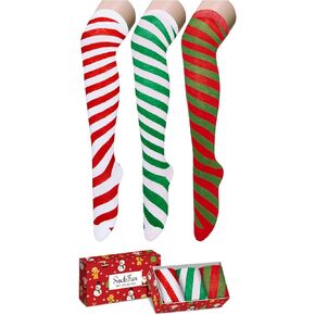 Christmas Knee High Socks - Thigh High Socks for Women Teen Girls, Red and Green Twisted Socks, Elf Candy Cane Socks 3 Pack