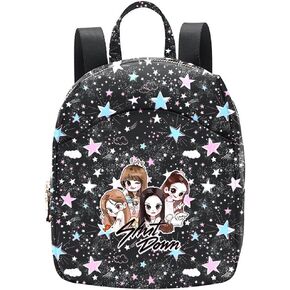 Women' Printed Black Backpack Pink Shut Down Korean with Cartoon Characters, Black with Stars and Glitter,