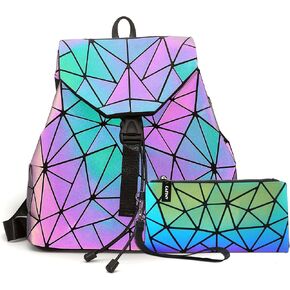 Geometric Women's Backpack Geometries Glow Large Purse Backpack Geometrical Luminous Bag Holographic Travel Bags Retro Daypack for Casual, College, Work Set-B