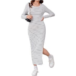 Floerns Girl's Striped Bodycon Dress Long Sleeve Crew Neck Split Hem Maxi Dress