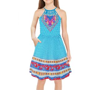 Arshiner Girls Summer Dress Halter Neck Boho Crochet Hollow Out Casual Sundress with Pockets for 5-13 Years