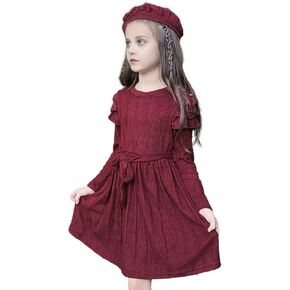 fioukiay Girls Fall Dress Ruffle Long Sleeve Crew Neck A-line Casual Swing Knit Dresses with Belt