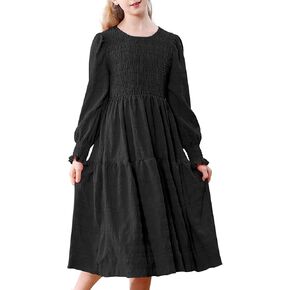 DREAM BUS Girls Smocked Midi Dress Kids Long Sleeves Tiered A-Line Casual Dress Tween Crew Neck Fall Winter Party Dress