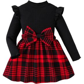 Floerns Toddler Girl's Cute Plaid Bow Front Long Sleeve A Line Dress Ruffle Trim Short Dresses