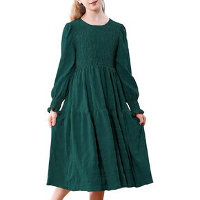 فستان DREAM BUS Girls Smocked ميدي للأطفال بأكمام طويلة متدرج على شكل حرف a فستان كاجوال برقبة دائرية توين فستان حفلات خريف وشتاء in Kuwait