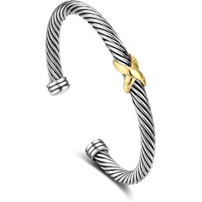 Cable Cuff Bangle for Women Twisted Bracelet, Cable Wire Bangles Bracelets Two Tone Cross Women Jewelry